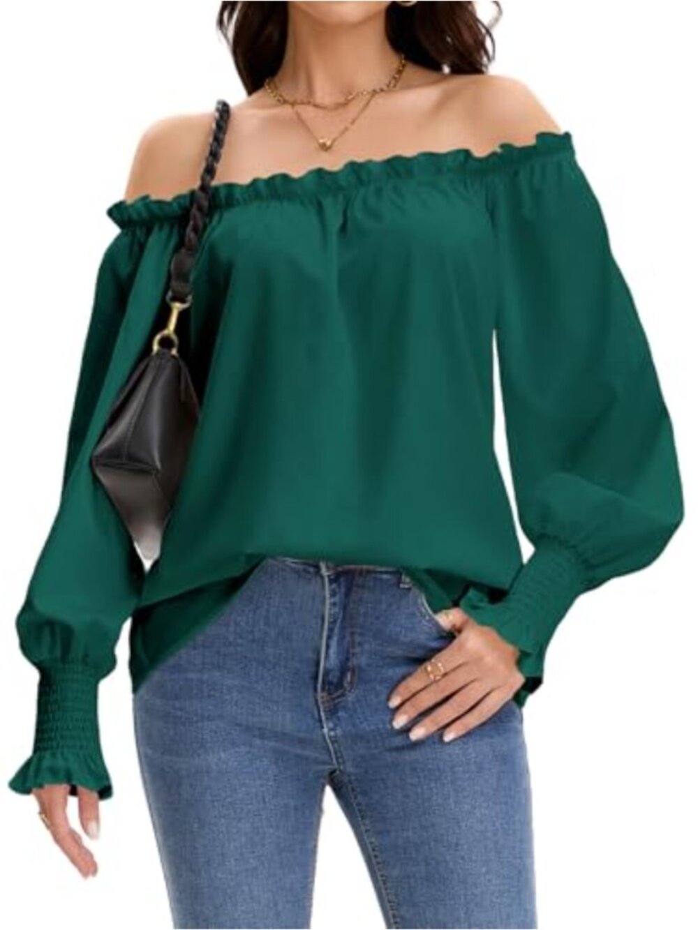 Off Shoulder Lantern Sleeve Ruffle Neck Blouse Casual Loose Boho Top